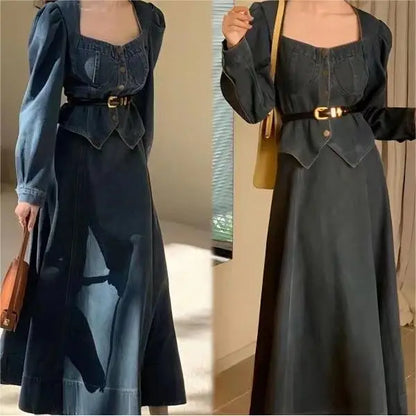 A denim top and long skirt set offers a timeless blend of effortless style and coordinated elegance. The structured denim top adds a flattering, tailored touch, while the flowing long skirt brings movement and grace, creating