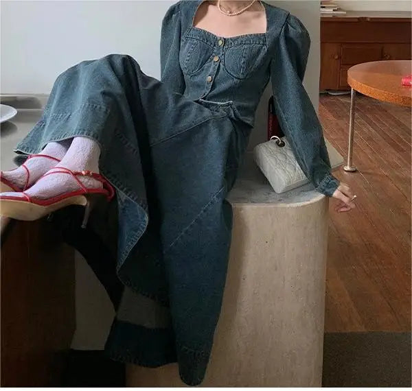 A denim top and long skirt set offers a timeless blend of effortless style and coordinated elegance. The structured denim top adds a flattering, tailored touch, while the flowing long skirt brings movement and grace, creating