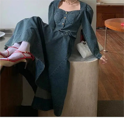 A denim top and long skirt set offers a timeless blend of effortless style and coordinated elegance. The structured denim top adds a flattering, tailored touch, while the flowing long skirt brings movement and grace, creating