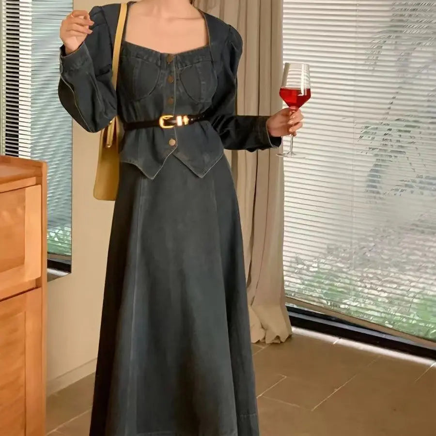 A denim top and long skirt set offers a timeless blend of effortless style and coordinated elegance. The structured denim top adds a flattering, tailored touch, while the flowing long skirt brings movement and grace, creating
