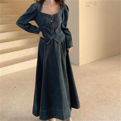 A denim top and long skirt set offers a timeless blend of effortless style and coordinated elegance. The structured denim top adds a flattering, tailored touch, while the flowing long skirt brings movement and grace, creating