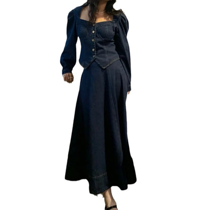 A denim top and long skirt set offers a timeless blend of effortless style and coordinated elegance. The structured denim top adds a flattering, tailored touch, while the flowing long skirt brings movement and grace, creating