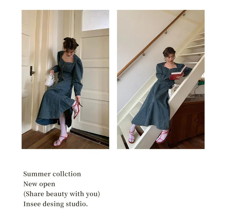 A denim top and long skirt set offers a timeless blend of effortless style and coordinated elegance. The structured denim top adds a flattering, tailored touch, while the flowing long skirt brings movement and grace, creating
