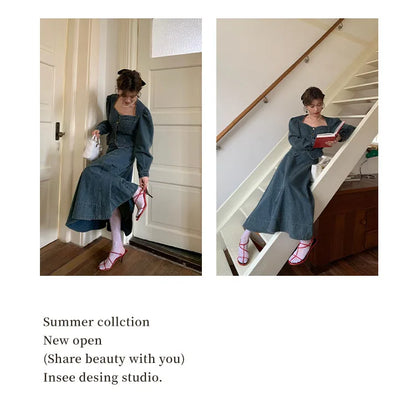 A denim top and long skirt set offers a timeless blend of effortless style and coordinated elegance. The structured denim top adds a flattering, tailored touch, while the flowing long skirt brings movement and grace, creating
