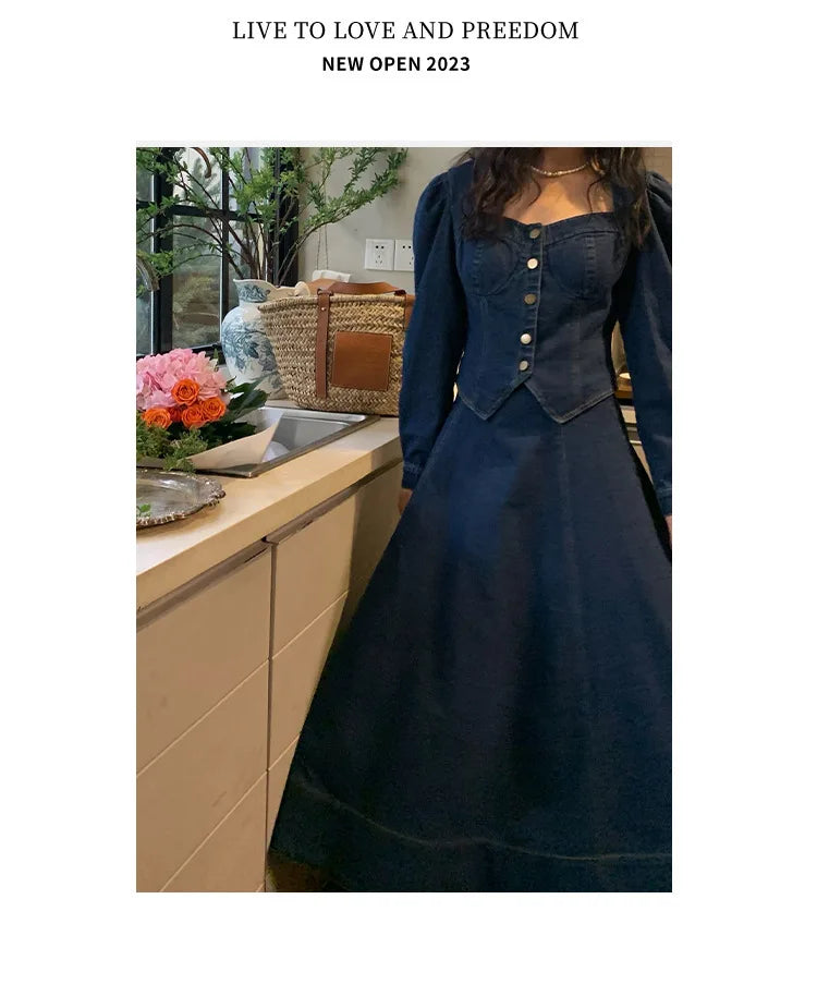 A denim top and long skirt set offers a timeless blend of effortless style and coordinated elegance. The structured denim top adds a flattering, tailored touch, while the flowing long skirt brings movement and grace, creating