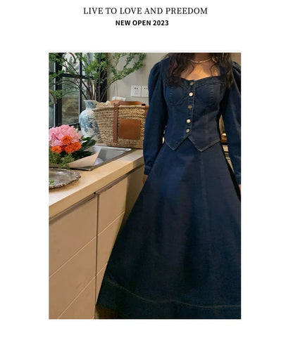 A denim top and long skirt set offers a timeless blend of effortless style and coordinated elegance. The structured denim top adds a flattering, tailored touch, while the flowing long skirt brings movement and grace, creating
