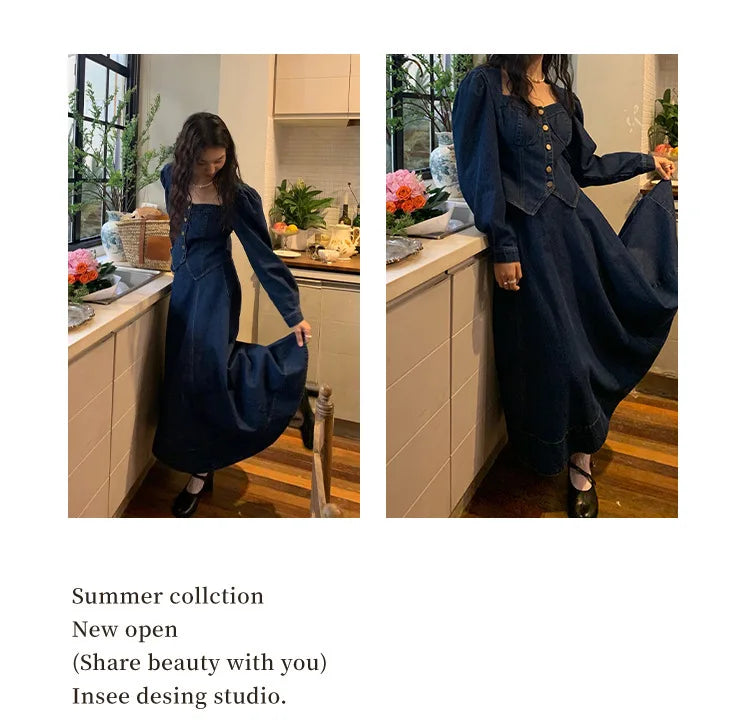 A denim top and long skirt set offers a timeless blend of effortless style and coordinated elegance. The structured denim top adds a flattering, tailored touch, while the flowing long skirt brings movement and grace, creating