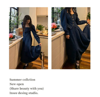 A denim top and long skirt set offers a timeless blend of effortless style and coordinated elegance. The structured denim top adds a flattering, tailored touch, while the flowing long skirt brings movement and grace, creating