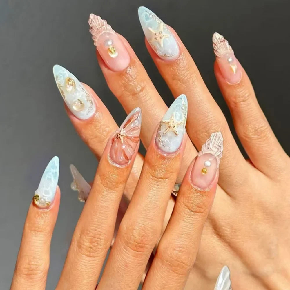 Wearable Blue Stiletto Almond False Nails-1