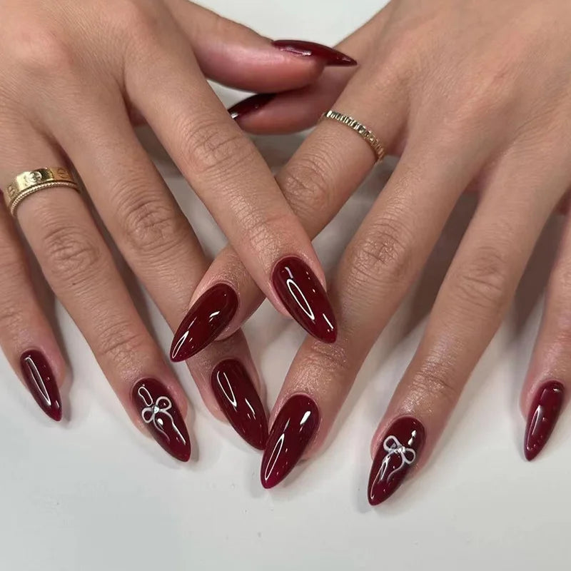 Wine Red Almond Fake Nails-0
