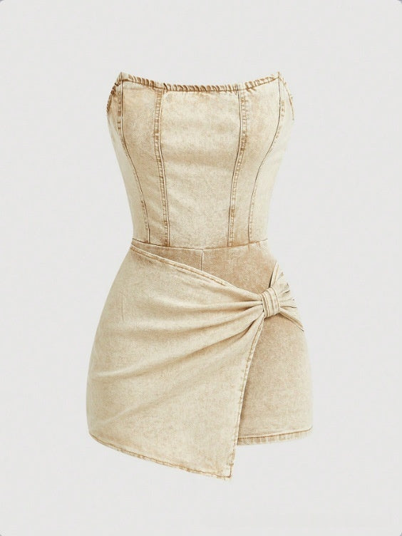 European And American-style Spicy Girl Tube-top Denim Jumpsuit Skirt