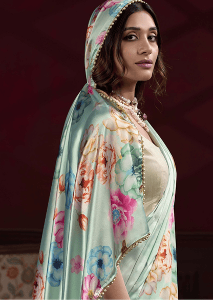 Anaya Mint Blossom Satin Silk Saree-2
