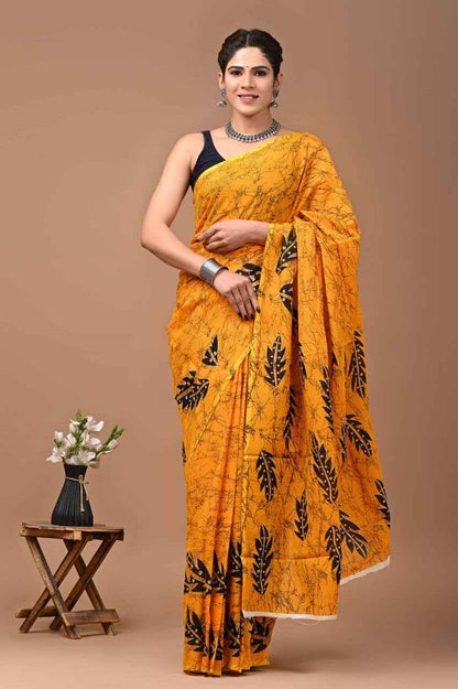 Basanti Baag Mustard Mulmul Cotton Saree with Leaf Block Prints-3