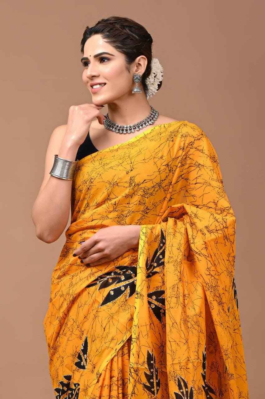 Basanti Baag Mustard Mulmul Cotton Saree with Leaf Block Prints-0