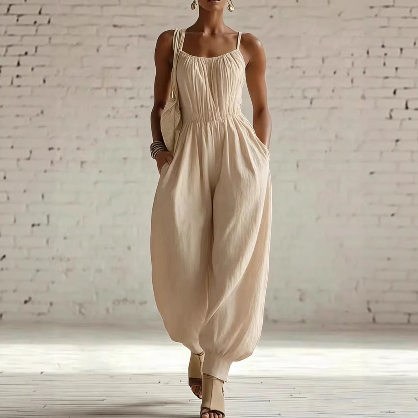 Womens Sleeveless Cotton-Linen Blend Jumpsuit