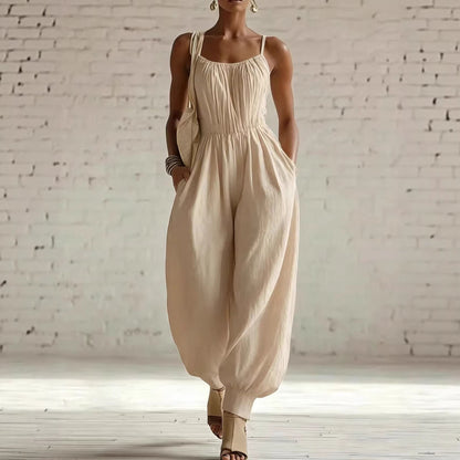 Womens Sleeveless Cotton-Linen Blend Jumpsuit