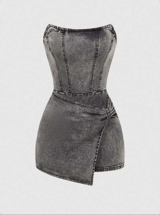European And American-style Spicy Girl Tube-top Denim Jumpsuit Skirt