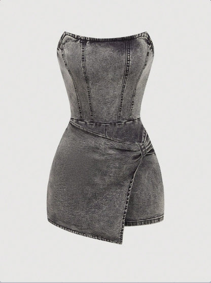 European And American-style Spicy Girl Tube-top Denim Jumpsuit Skirt