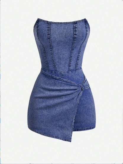 European And American-style Spicy Girl Tube-top Denim Jumpsuit Skirt