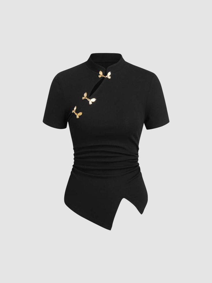 Classic Fashionable Retro High-street Casual Solid-color Cheongsam Top