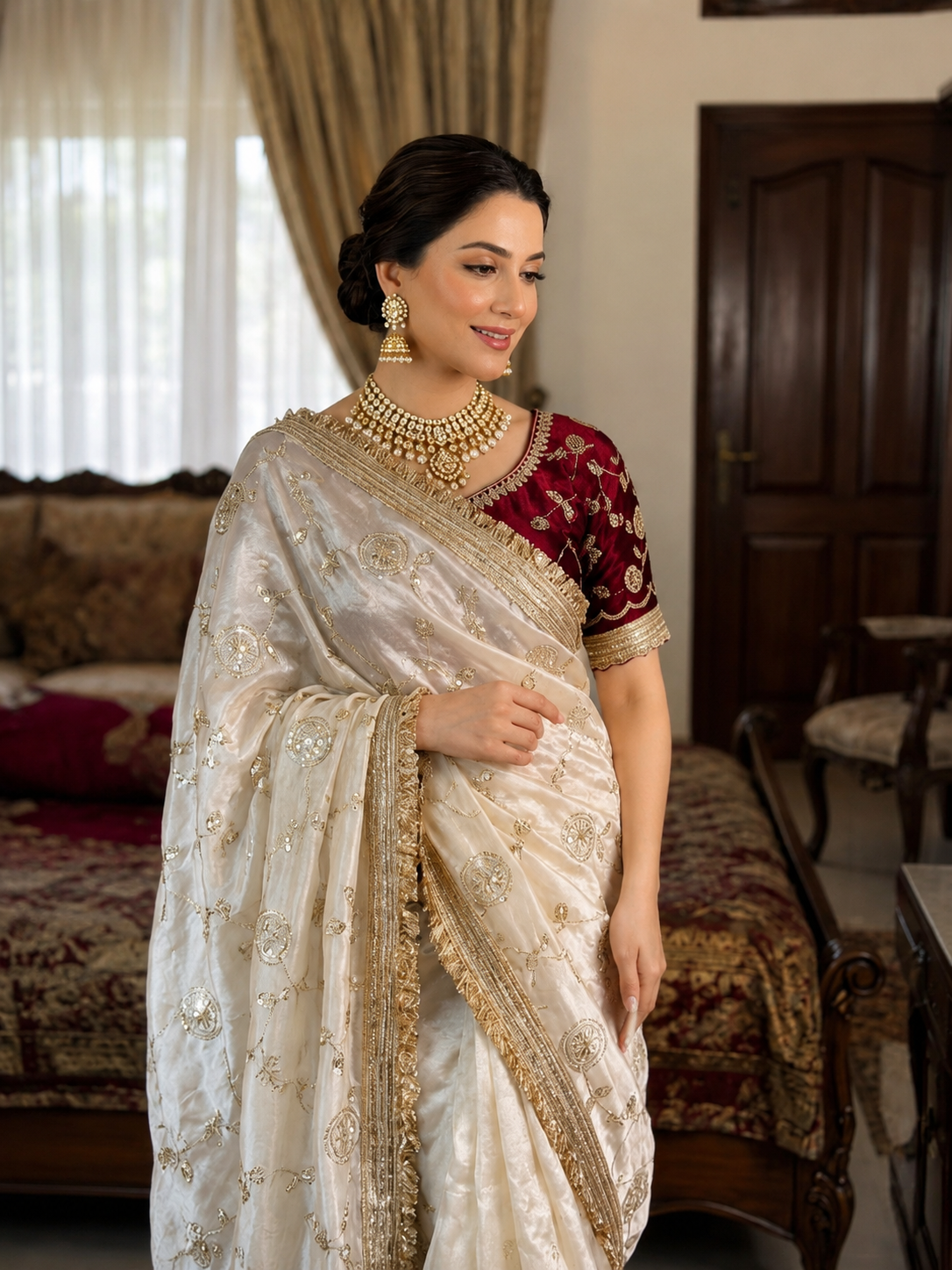 Madhubala Ivory Saree with Stitched Blouse-0