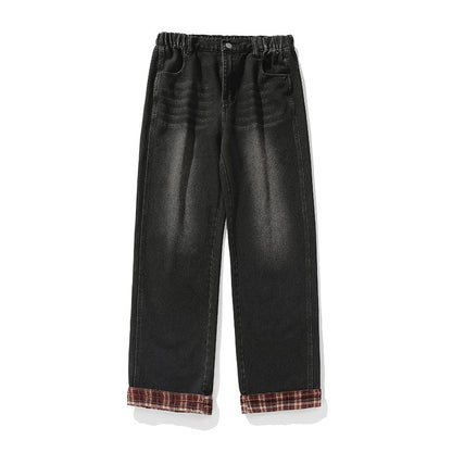 Casual Plaid Stitching Washed Jeans New
