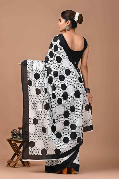 Noir Maze Geometric Mulmul Cotton Saree-1