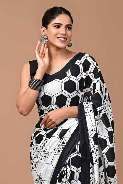 Noir Maze Geometric Mulmul Cotton Saree-0