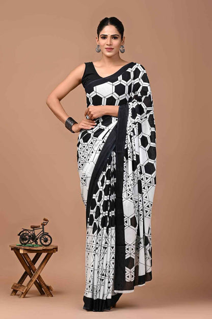 Noir Maze Geometric Mulmul Cotton Saree-3