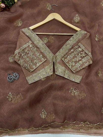 Noor-e-Zehra Brown Organza Saree-3