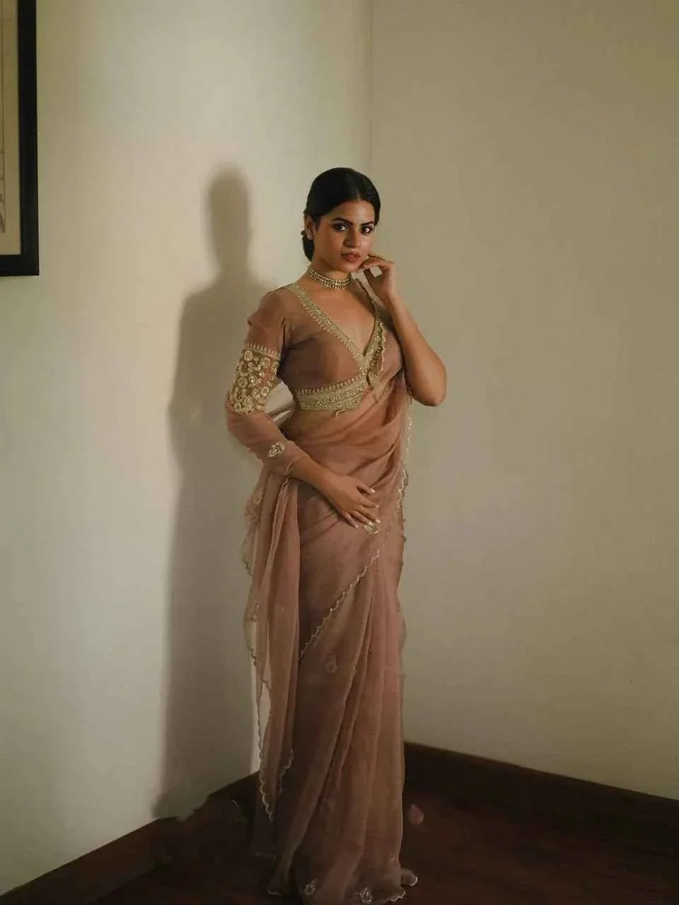 Noor-e-Zehra Brown Organza Saree-1
