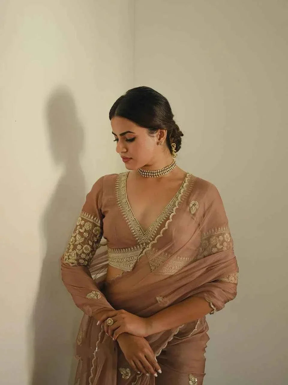 Noor-e-Zehra Brown Organza Saree-0