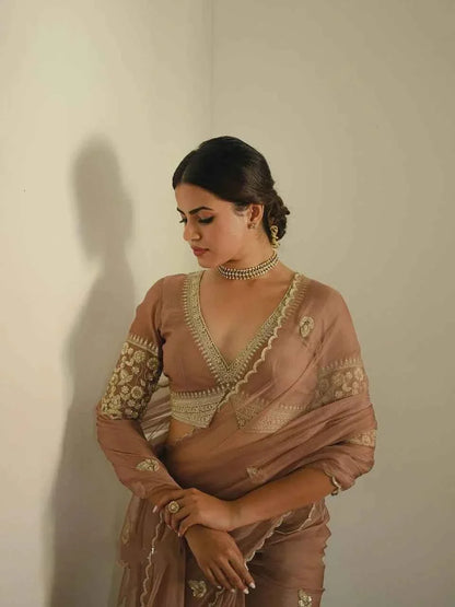 Noor-e-Zehra Brown Organza Saree-0