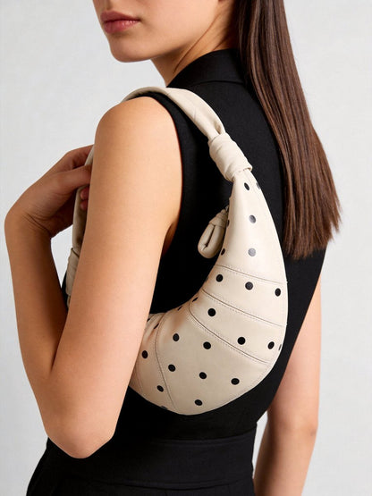 Polka Dot Dumpling Bag – First-Layer Sheepskin Crescent Shoulder Bag with Knotted Handle-3