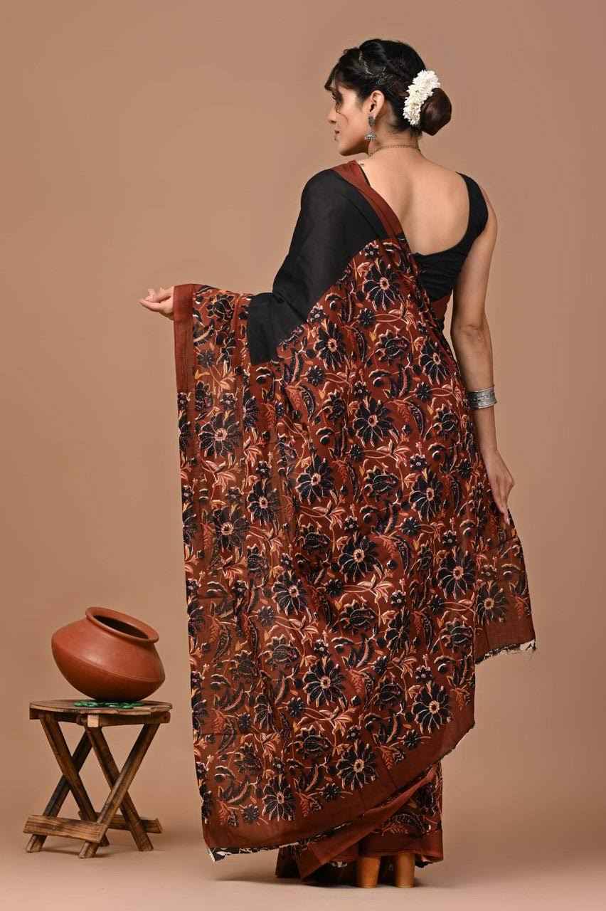 Rust Bloom Handcrafted Mulmul Cotton Saree-1
