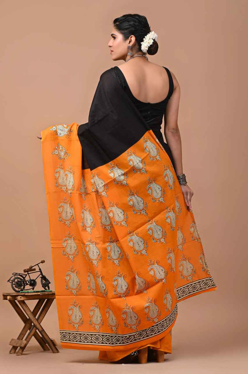 Tangerine Royal Mulmul Cotton Saree with Traditional Paisley Print-2