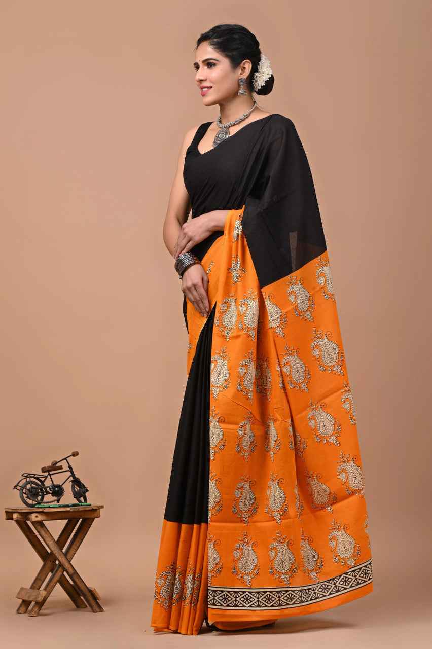 Tangerine Royal Mulmul Cotton Saree with Traditional Paisley Print-0