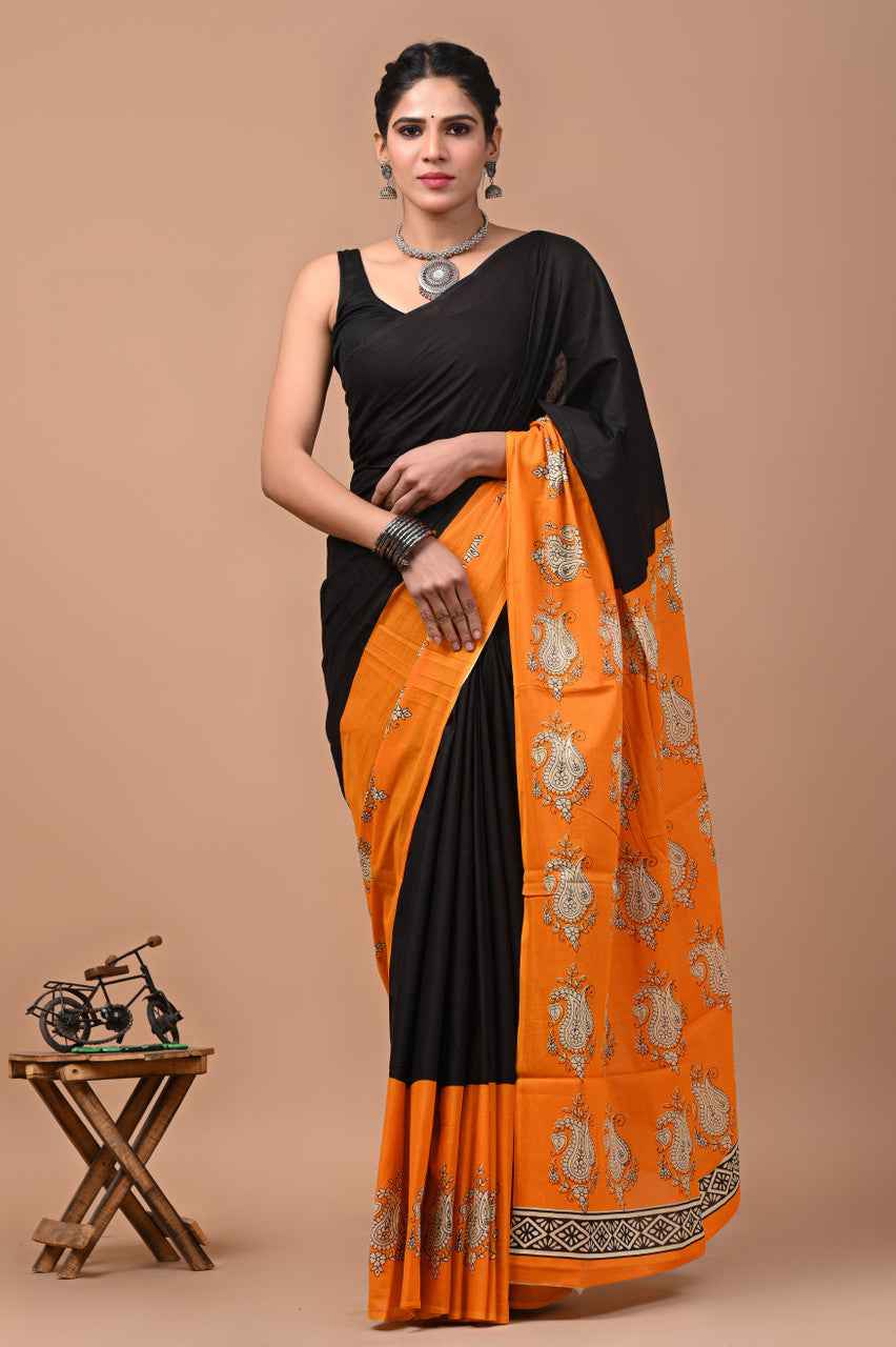 Tangerine Royal Mulmul Cotton Saree with Traditional Paisley Print-1