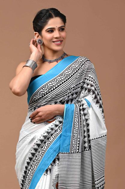 Zen Sutra Buddha Print Mulmul Cotton Saree-1